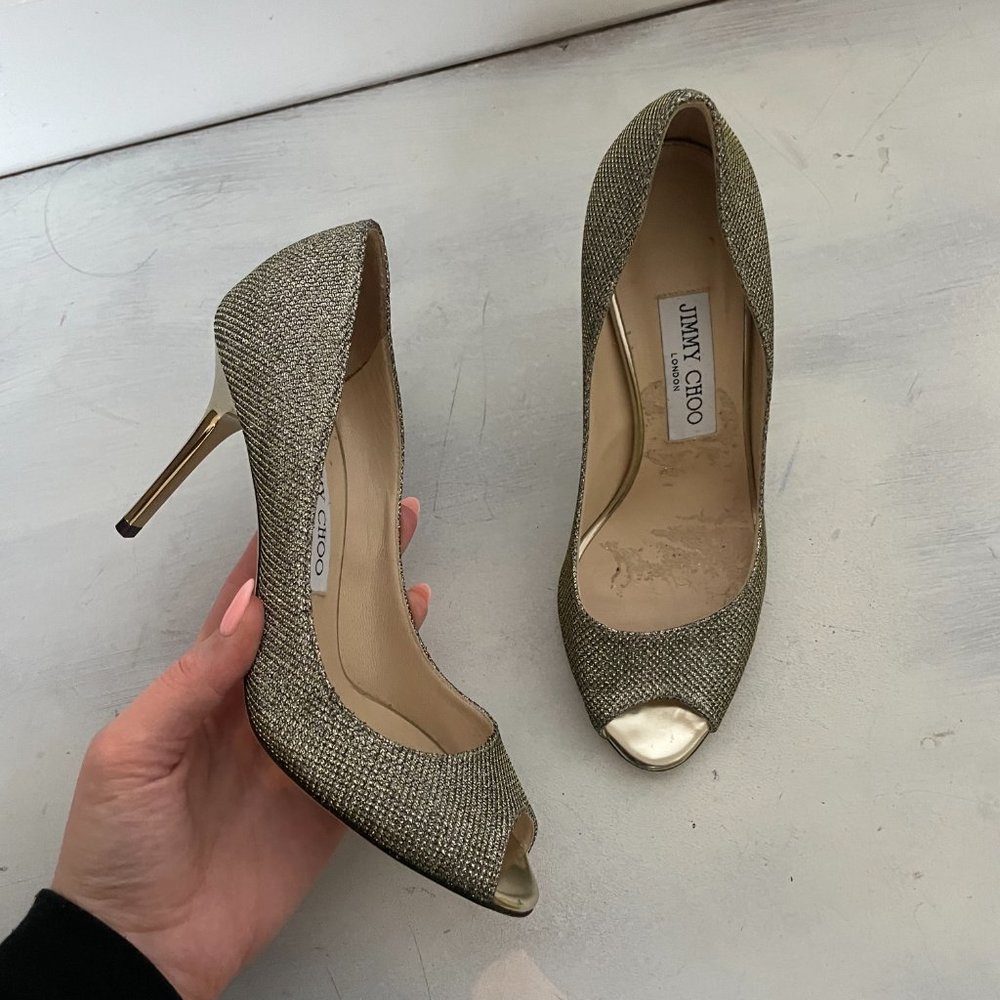Jimmy Choo Peep Toe Pumps Sz 36.5 Gold Glitter High Stiletto Heels